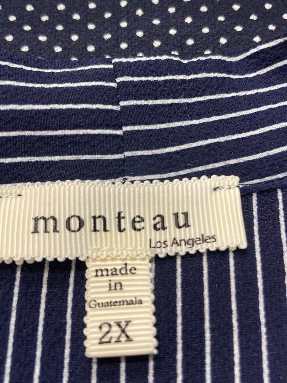Monteau Navy and White Polka Dot Tie-Neck Blouse - Picture 3 of 4